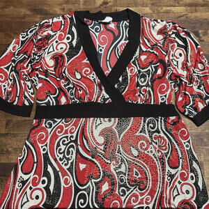 Y2K MKM Designs XL Babydoll Gold Inlay Red Black Design V-neck Wrap Whimsy